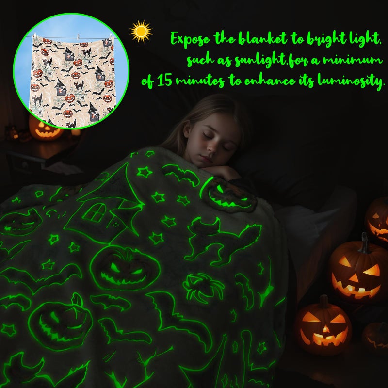 UOFON Halloween Pumpkin Blanket Kids Glow in The Dark Blanket Black Cat Halloween Decor Gifts for Women Boys Girls 50""x60"" - Image 3